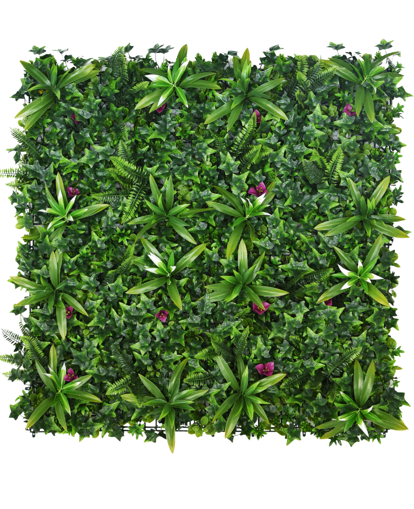 Die künstliche Hecke Olivine 100 x 100 cm UV ist eine dichte vertikale Gartenplatte mit grünen Blattpflanzen und kleinen violetten Blüten, die sich perfekt dazu eignet, jedem Raum lebendiges Grün zu verleihen.