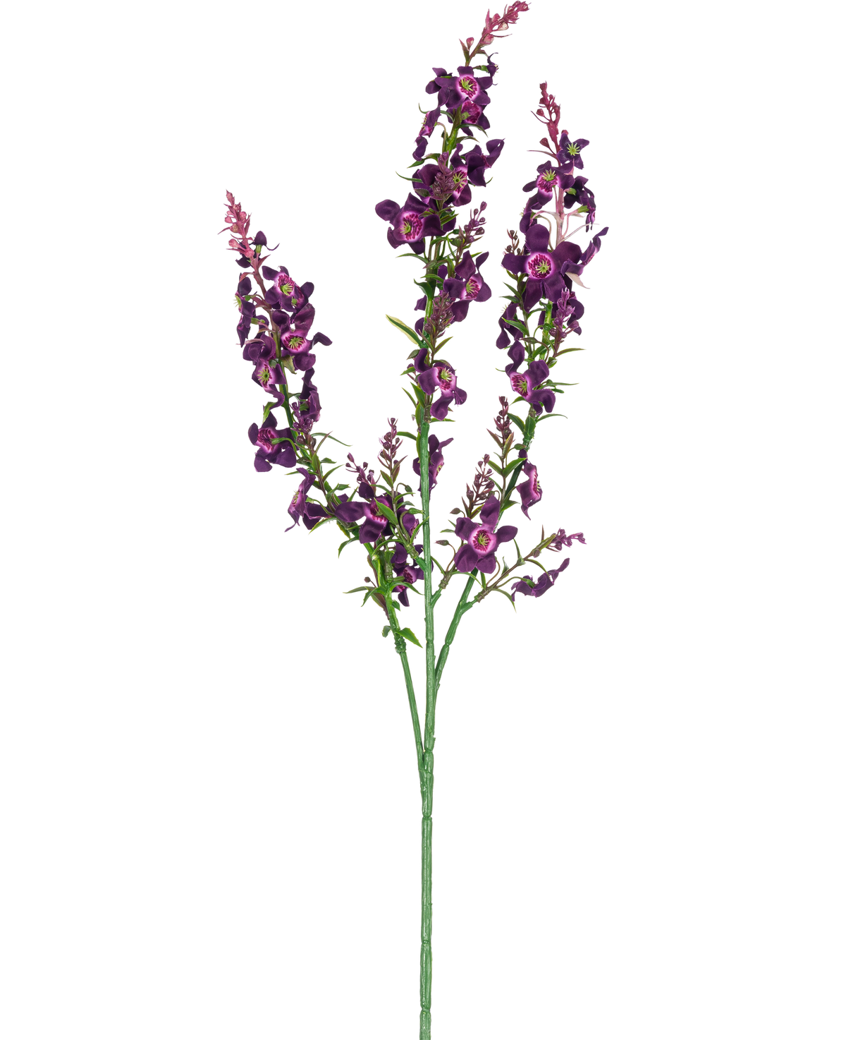 Die künstliche Blumen-Katzenminze 75 cm rosa ist ein einzelner künstlicher Stiel mit drei Zweigen aus rosa und lila Blüten und grünen Blättern, isoliert auf einem weißen Hintergrund.