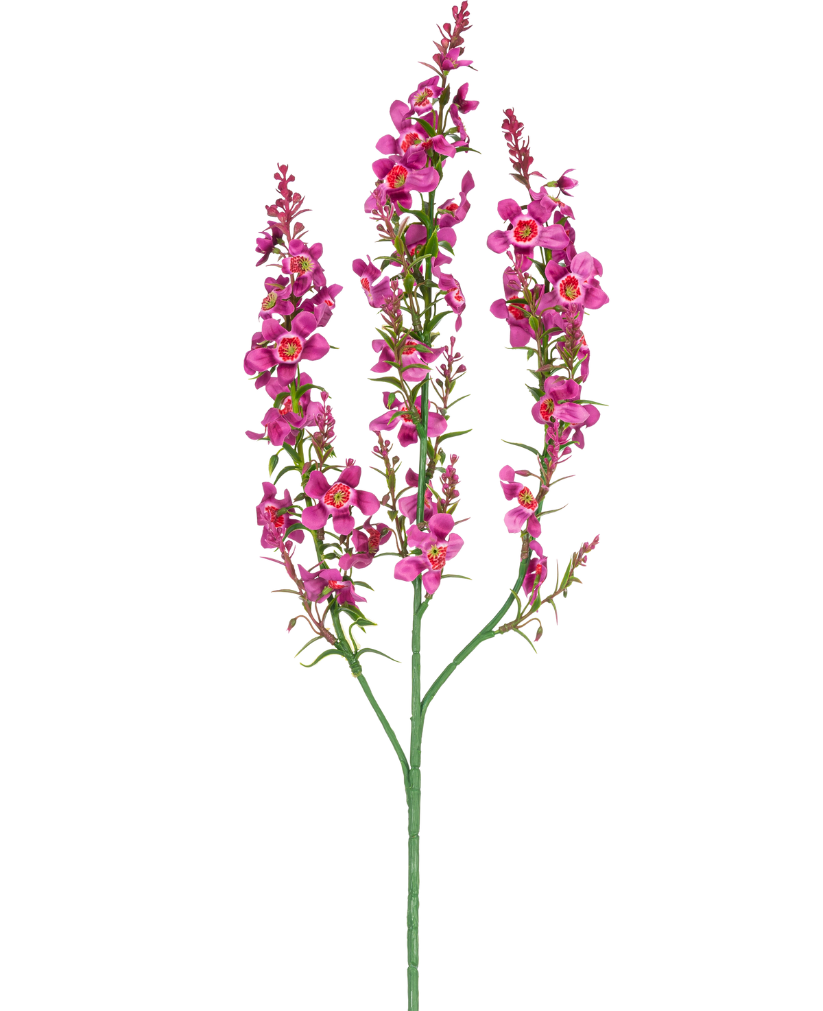 Eine künstliche Blumen-Katzenminze, 75 cm, hellrosa, hat einen einzelnen grünen Stiel mit drei Zweigen, jeder mit Büscheln kleiner, hellrosa Blüten und grünen Blättern, vor einem schlichten weißen Hintergrund.