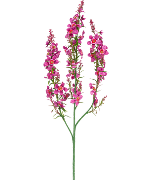 Eine künstliche Blumen-Katzenminze, 75 cm, hellrosa, hat einen einzelnen grünen Stiel mit drei Zweigen, jeder mit Büscheln kleiner, hellrosa Blüten und grünen Blättern, vor einem schlichten weißen Hintergrund.