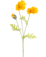 Die künstliche Mohnblume 73 cm gelb hat einen Stiel mit drei leuchtend gelben künstlichen Mohnblumen, einer geschlossenen Knospe und hellgrünen Blättern, dargestellt vor einem schlichten weißen Hintergrund.