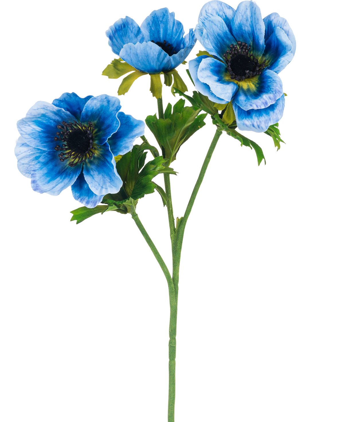 Die künstliche Blumen-Anemone doppelt 56 cm blau hat einen einzelnen grünen Stiel mit drei blauen Anemonenblüten und mehreren grünen Blättern, dargestellt vor einem schlichten weißen Hintergrund.