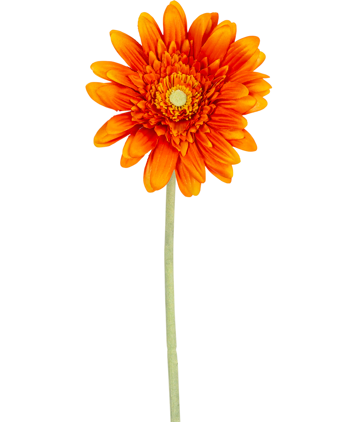 Die künstliche Blumen-Gerbera 53 cm orange hat eine leuchtend orangefarbene Gerbera mit geschichteten Blütenblättern und einem gelben Herzen auf einem langen grünen Stiel vor einem schlichten weißen Hintergrund.