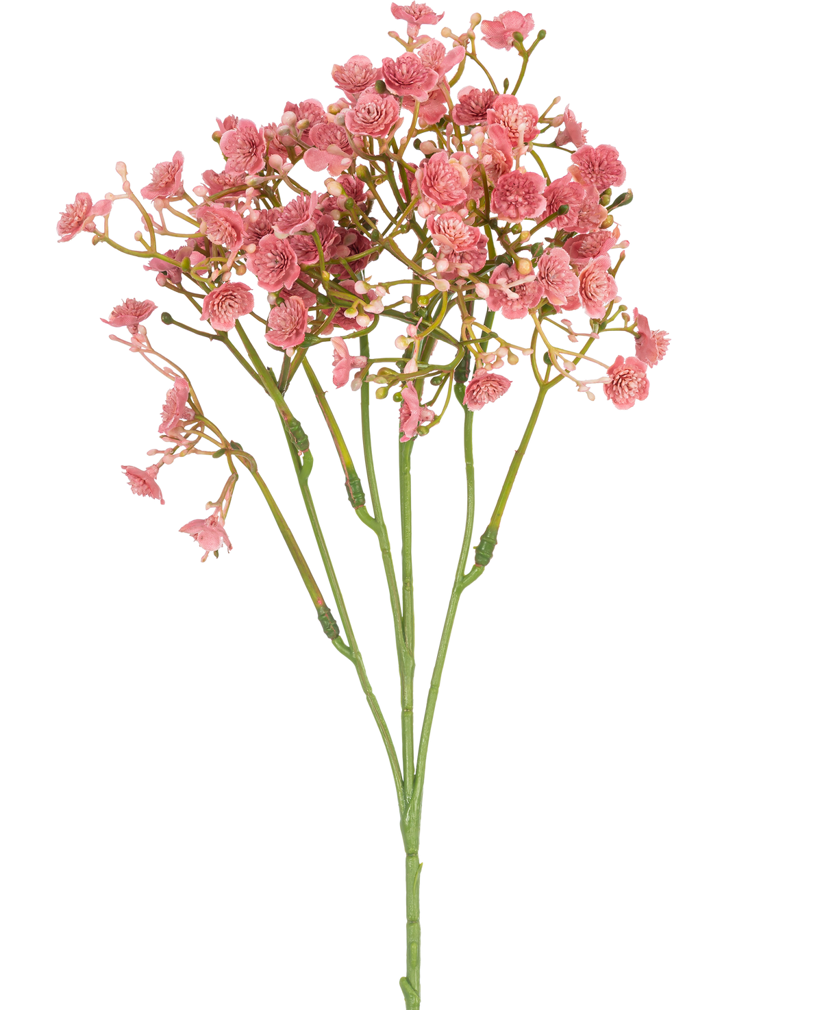 Der künstliche Schleierkrautzweig 48 cm altrosa hat einen einzelnen grünen Stiel mit mehreren dünnen Zweigen, die jeweils mit kleinen, runden rosa Blütensträußen verziert sind, alle vor einem schlichten weißen Hintergrund.