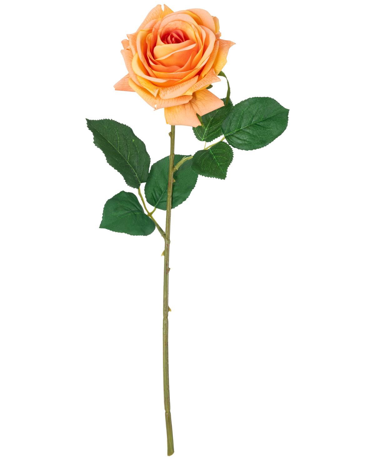 Eine künstliche Blume Crystal Touch feuchtigkeitsspendende Rose Real Touch Pfirsich, 43 cm hoch mit grünen Blättern, angezeigt auf einem schlichten weißen Hintergrund.