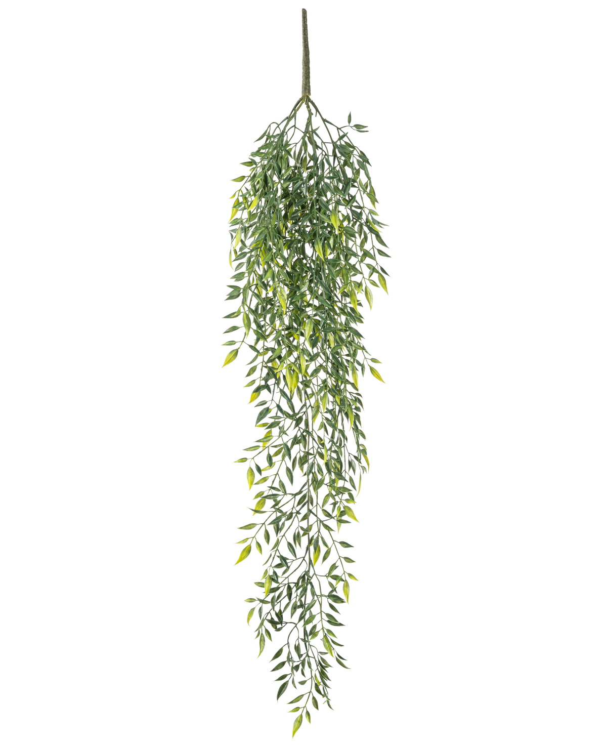 Die künstliche Hängepflanze Bambus 90 cm ist ein künstlicher hängender Bambusstrauch mit vielen kleinen Blättern an feinen Zweigen, vor einem schlichten weißen Hintergrund.