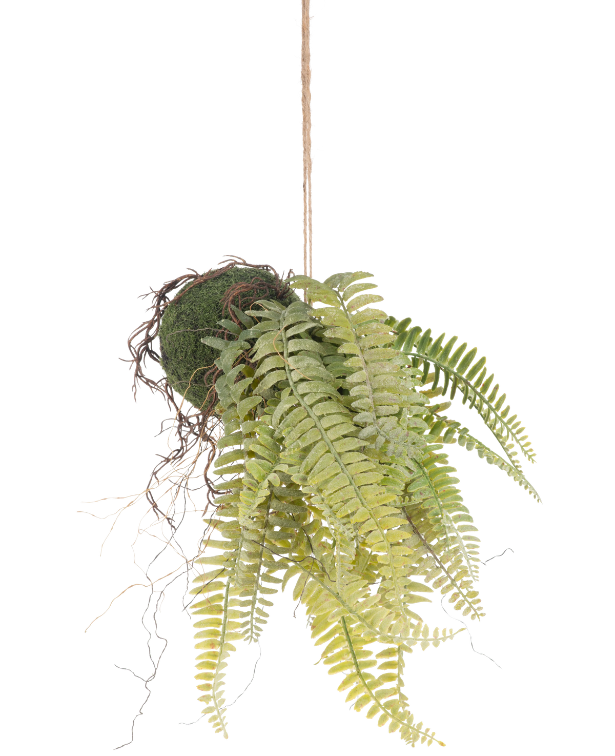 Die künstliche Hängepflanze „Frosted Farn on Ball“ (76 cm) hat lebensechte grüne Farnblätter und freiliegende Wurzeln im Kokedama-Stil und hängt an einer braunen Kordel – perfekt, um jedem Raum dauerhaftes Grün zu verleihen.