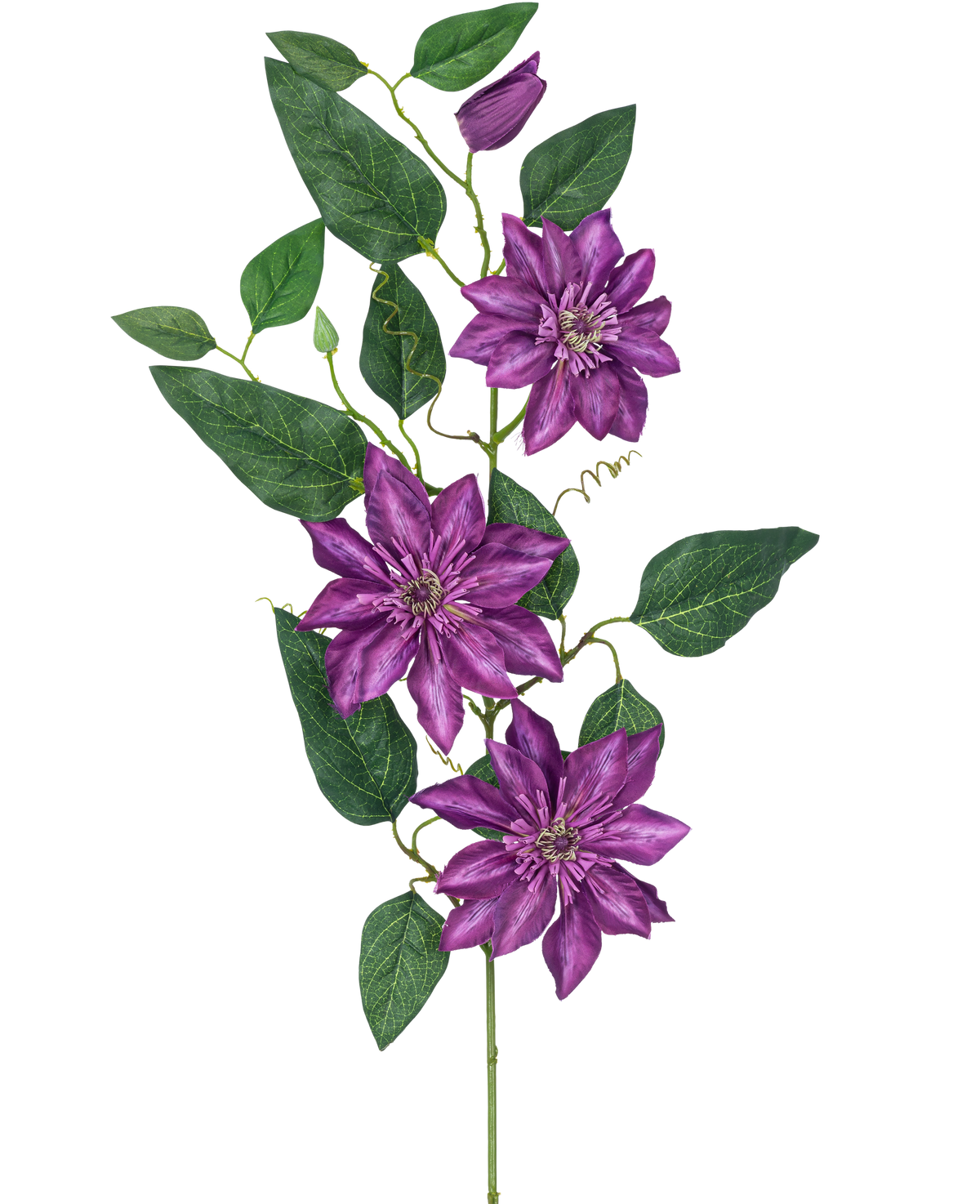Die Kunstblume Clematis groß 81 cm lila hat drei große lila Blüten, grüne Blätter, lockige Ranken und eine geschlossene Knospe an einem einzelnen Stiel vor einem weißen Hintergrund.