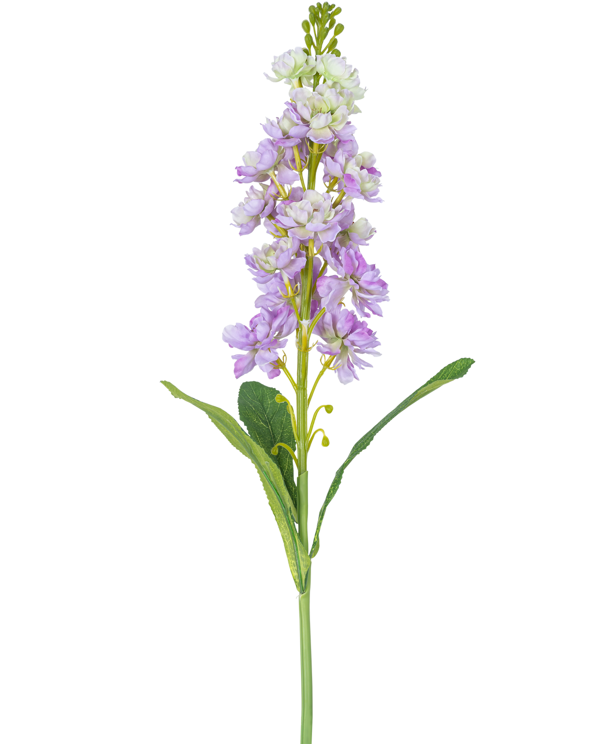 Eine einzelne künstliche Violier-Blume, 78 cm, in Hellviolett und Weiß mit grünen Blättern, vor einem weißen Hintergrund.