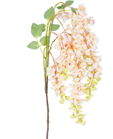 Die künstliche Glyzinienblume 100 cm in Creme hat einen einzelnen Stiel mit Büscheln hellrosa und cremefarbener Glyzinienblüten, grünen Knospen und grünen Blättern vor einem weißen Hintergrund.