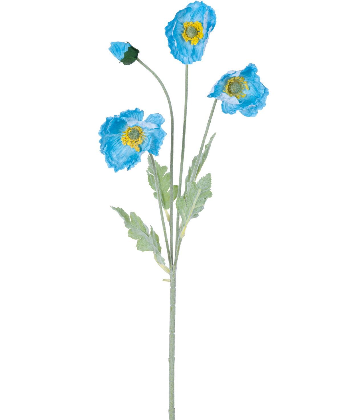 Die künstliche Mohnblume Real Touch Blue 60 cm hat einen einzelnen Stiel mit drei blauen Mohnblüten und grünen Blättern; Zwei Blüten sind offen mit gelber Mitte und eine Blüte bleibt eine geschlossene Knospe, alle isoliert auf weißem Hintergrund.