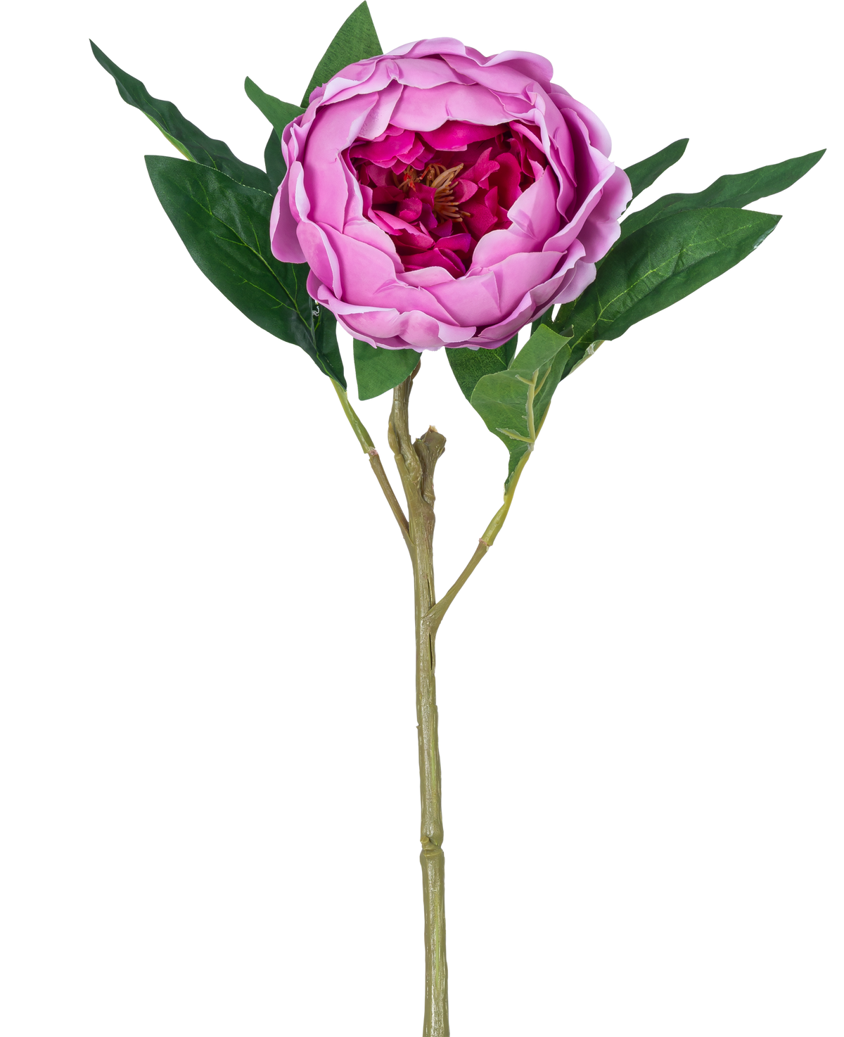 Die künstliche Blume Lotus Pfingstrose Real Touch in Lila, 58 cm lang, hat geschichtete Blütenblätter, grüne Blätter und einen langen Stiel. Abgebildet vor einem schlichten weißen Hintergrund.