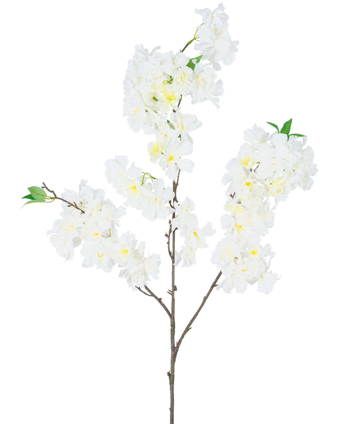 Die künstliche Kirschblüte 106 cm weiß hat einen einzelnen braunen Zweig mit Büscheln weißer künstlicher Kirschblüten und kleinen grünen Blättern vor einem schlichten weißen Hintergrund.
