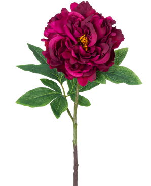 Die künstliche Pfingstrose 61 cm lila ist eine einzelne künstliche Pfingstrose mit geschichteten dunkelvioletten Blütenblättern, einem gelben Herzen, grünen Blättern und einem langen Stiel, dargestellt vor einem schlichten weißen Hintergrund.
