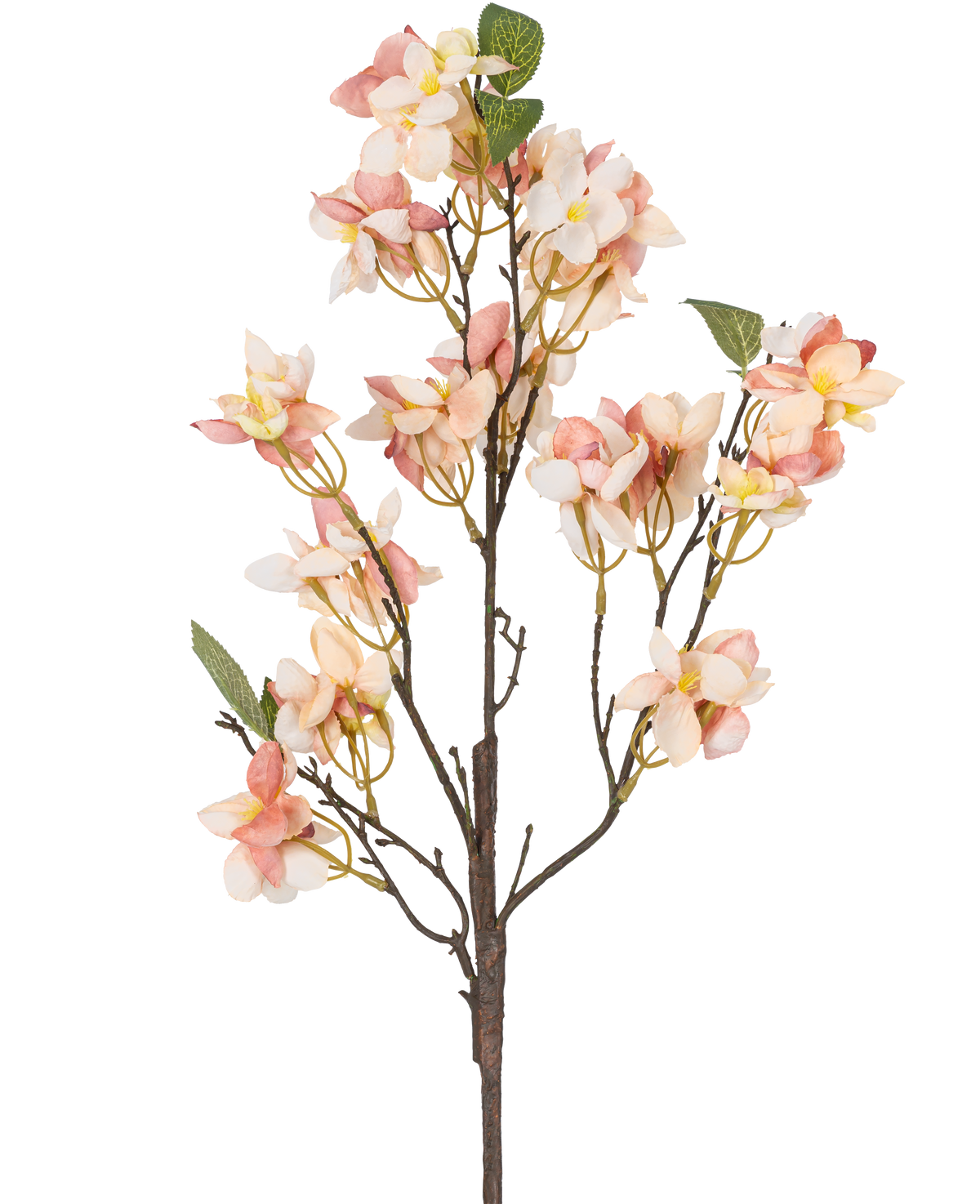 Die künstliche Blumenblüte 60 cm rosa hat einen einzelnen künstlichen Stiel mit Büscheln hellrosa und cremefarbener Blüten, kleinen gelben Herzen und grünen Blättern vor einem weißen Hintergrund.