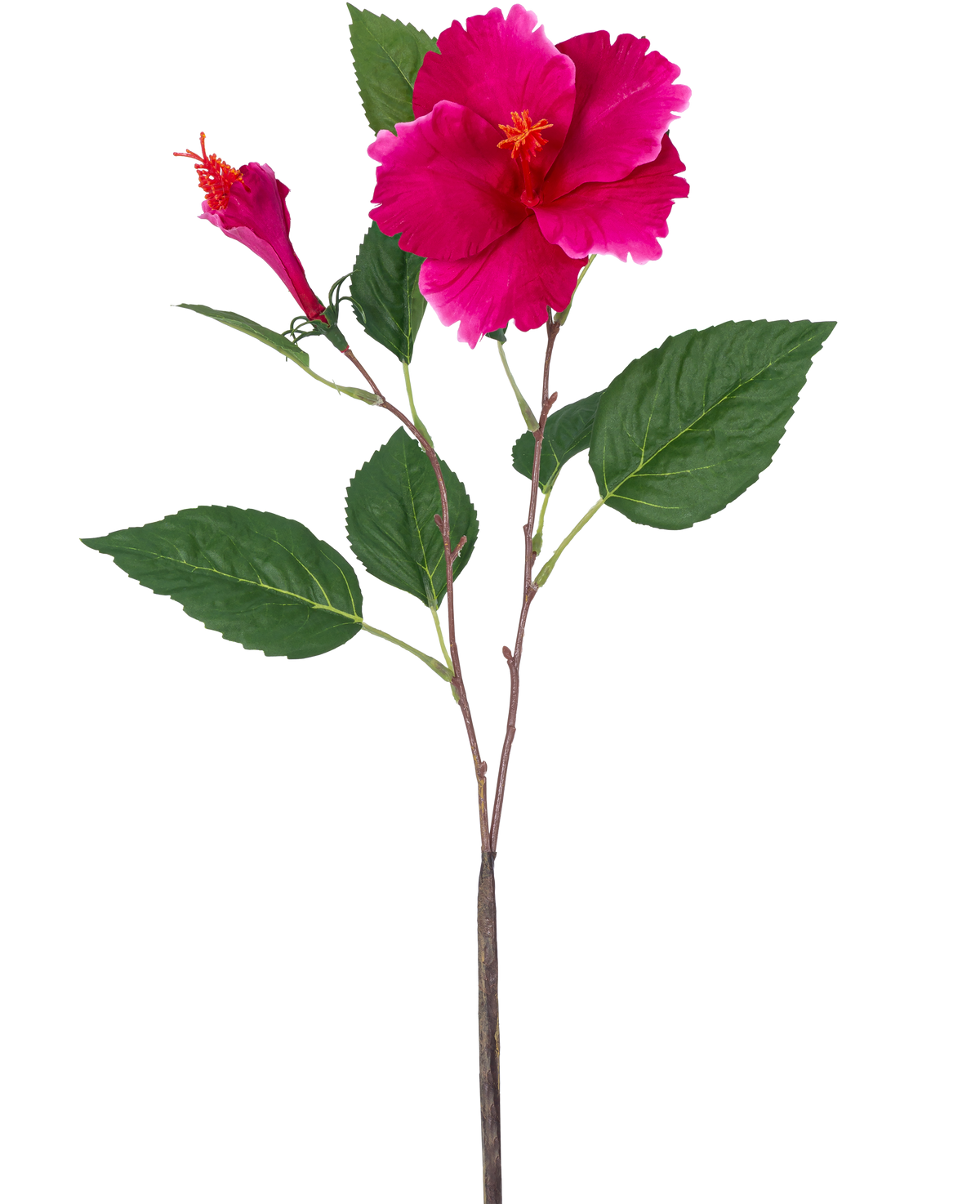 Die Kunstblume Hibiskus 64 cm rosa hat einen einzelnen künstlichen Stiel mit grünen Blättern, eine große offene rosa Blüte und eine geschlossene Knospe, alles vor einem schlichten weißen Hintergrund.