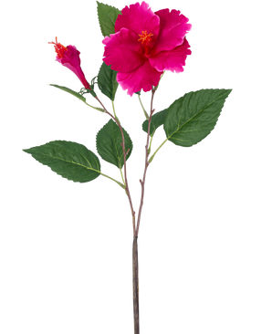 Die Kunstblume Hibiskus 64 cm rosa hat einen einzelnen künstlichen Stiel mit grünen Blättern, eine große offene rosa Blüte und eine geschlossene Knospe, alles vor einem schlichten weißen Hintergrund.