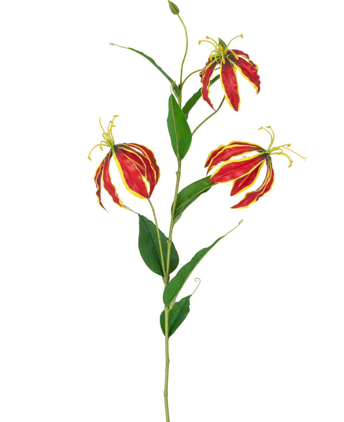Die künstliche Blume Gloriosa Real Touch Red 75 cm hat einen einzelnen Stiel mit drei leuchtend roten und gelben Lilienblüten und langen grünen Blättern vor einem weißen Hintergrund.
