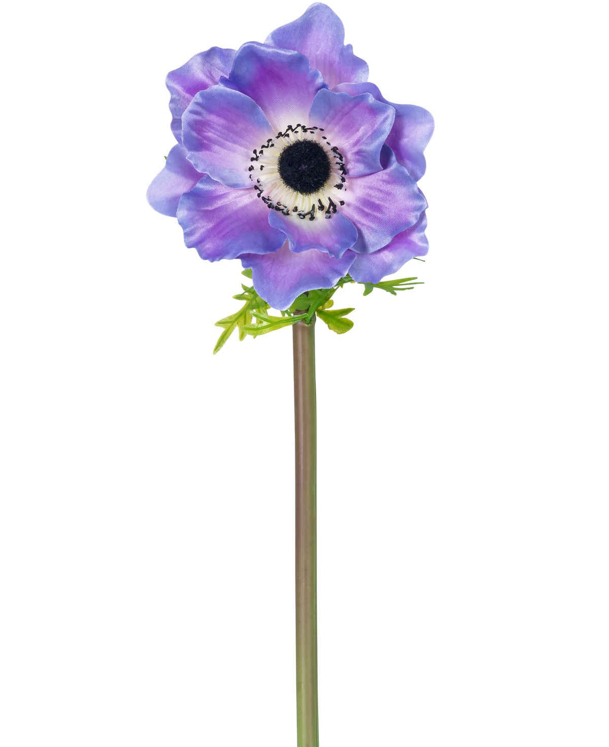 Die künstliche Blumenanemone Deluxe 43 cm lila besteht aus einer einzelnen violetten Anemone mit dunklem Herzen und zarten Blütenblättern an einem langen grünen Stiel, die isoliert vor einem weißen Hintergrund dargestellt ist.
