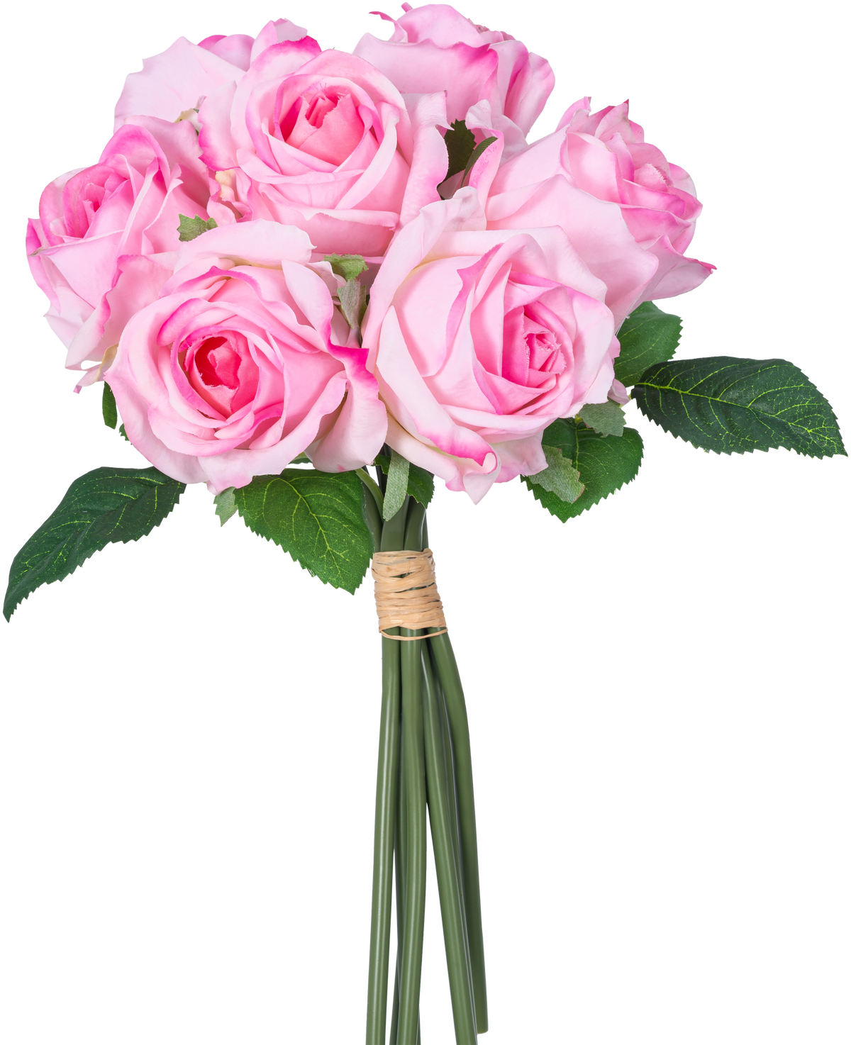 Ein künstlicher Rosenstrauß aus 7 echten rosa Rosen (30 cm) mit grünen Blättern, mit Bindfaden zusammengebunden und vor einem weißen Hintergrund fotografiert.