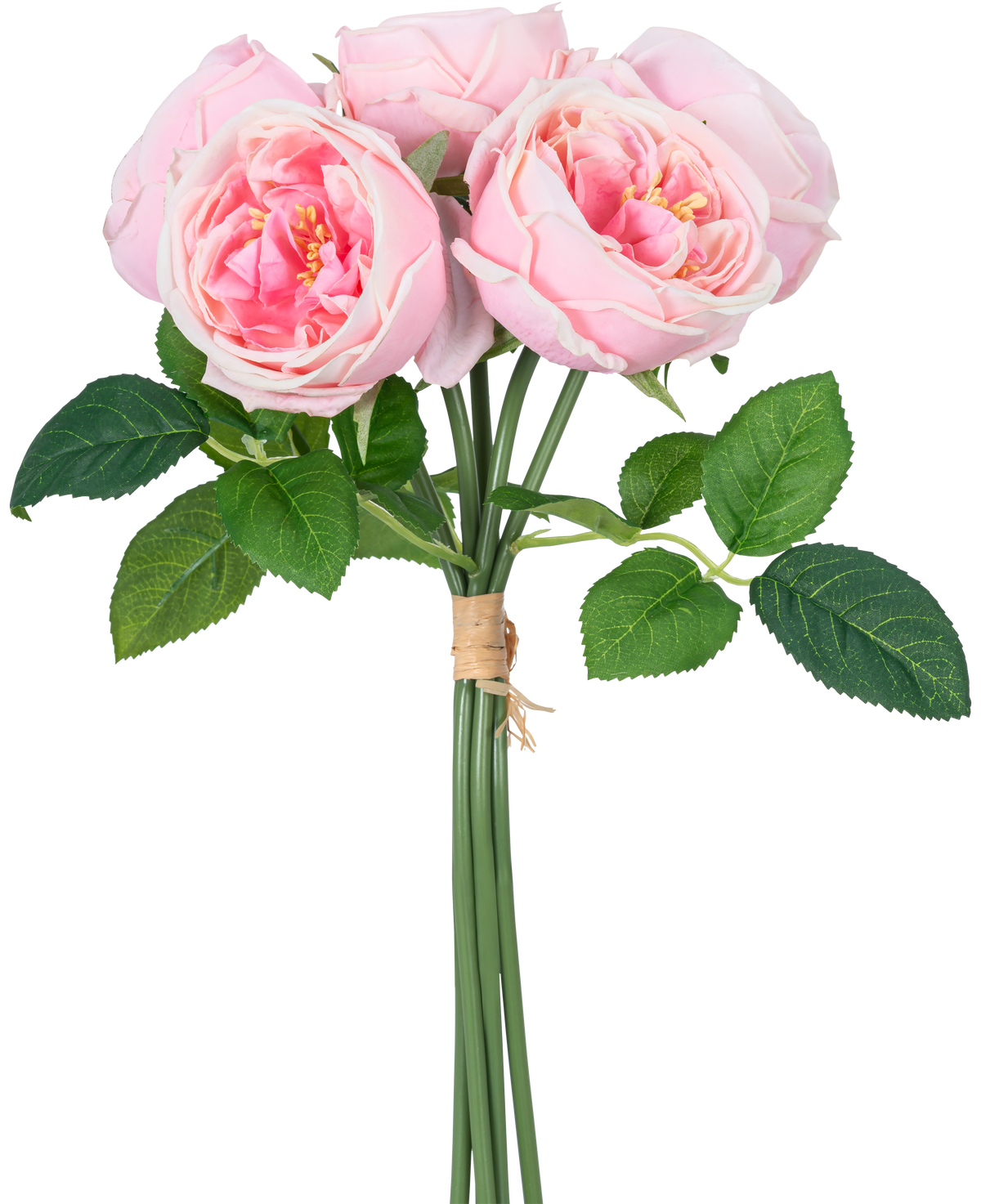 Der künstliche Rosenstrauß „Carmen“ Real Touch Pink 36 cm besteht aus hellrosa Pfingstrosen mit grünen Blättern, die mit einem braunen Seil zusammengebunden sind.