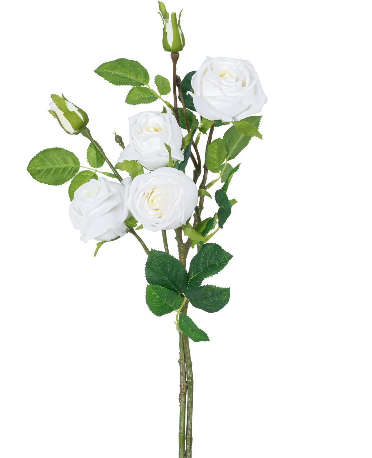Der künstliche Rosenzweig Double Real Touch weiß 80 cm hat einen Stiel mit drei blühenden weißen Kunstrosen, grünen Blättern und Rosenknospen vor einem schlichten weißen Hintergrund.