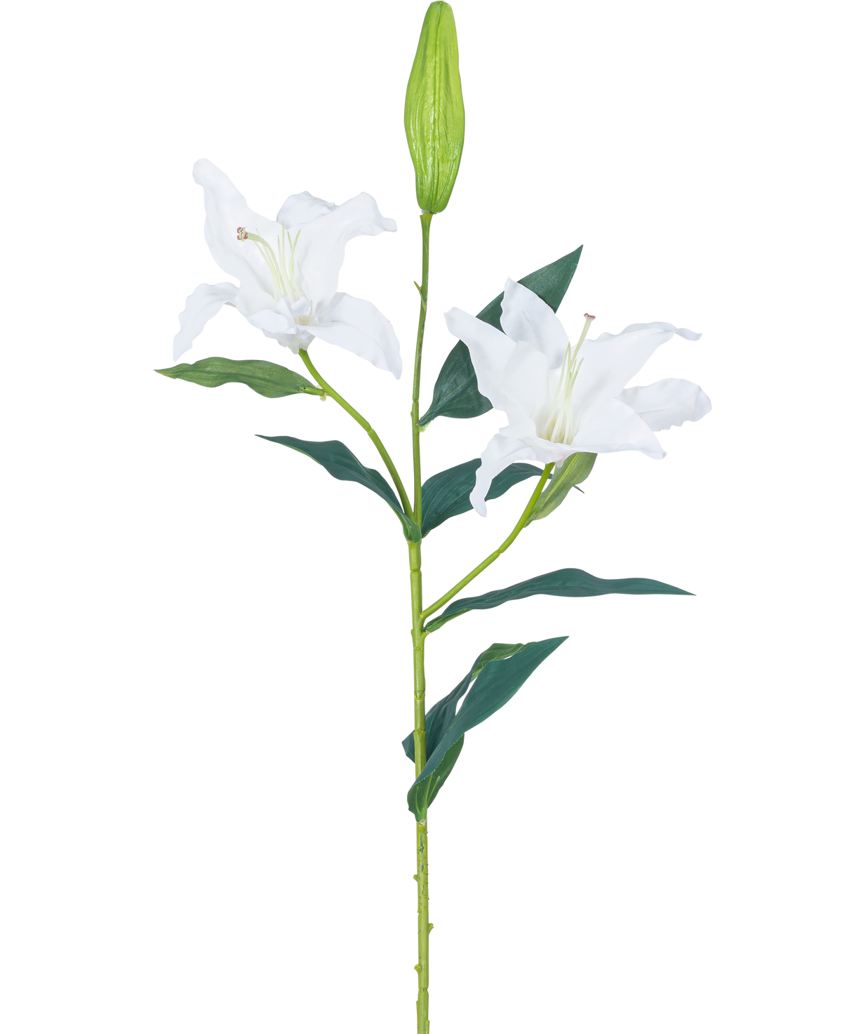 Die künstliche Blumenlilie Real Touch weiß 95 cm hat einen einzelnen grünen Stiel mit zwei offenen weißen Lilienblüten, dunkelgrünen Blättern und einer geschlossenen Knospe vor einem schlichten weißen Hintergrund.