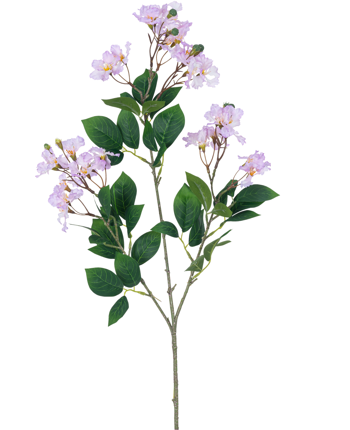 Eine einzelne künstliche Lagerstroemia-Blume, 92 cm, lila, mit Büscheln hellvioletter Blüten und mehreren grünen Blättern, vor einem schlichten weißen Hintergrund.
