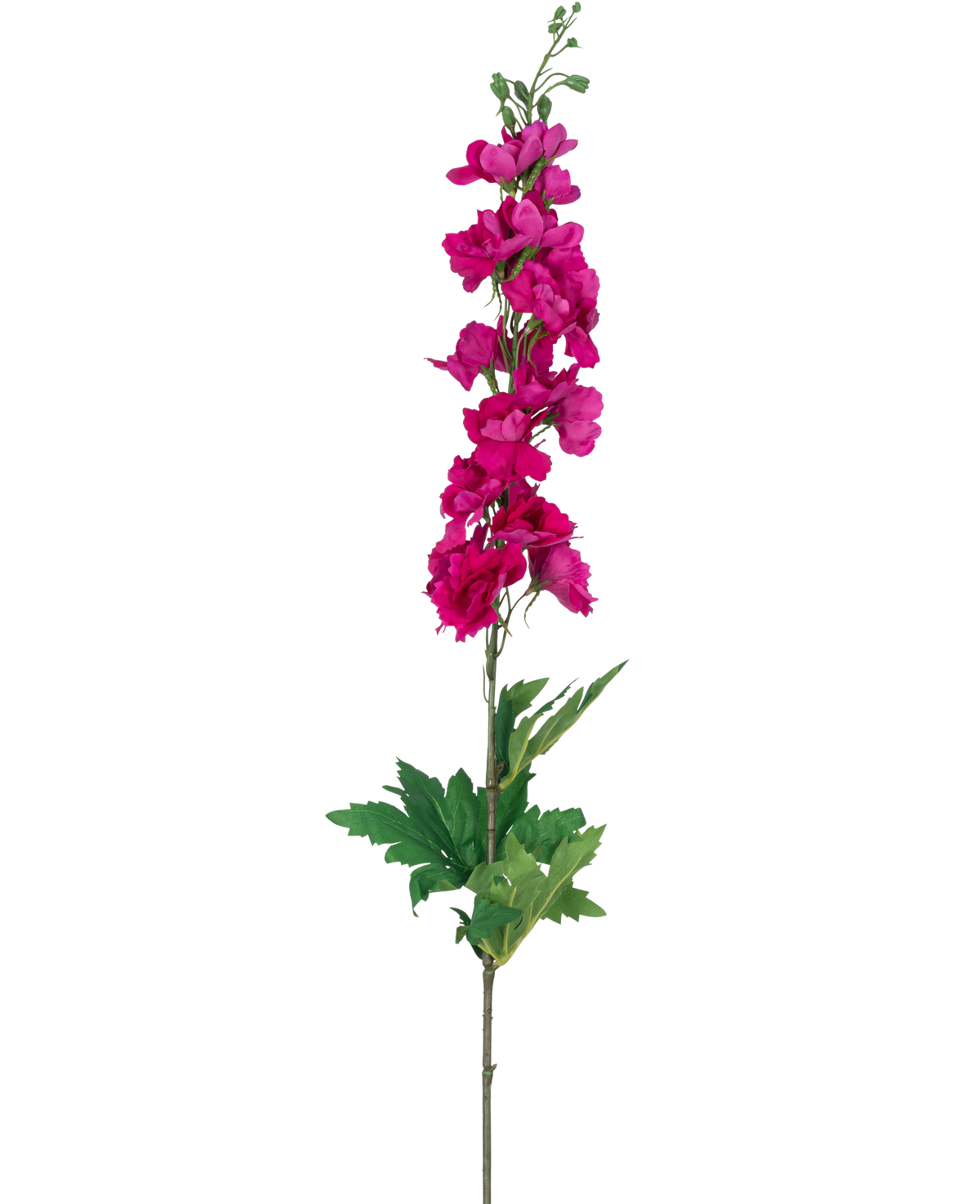 Eine einzelne künstliche Blume Rittersporn Real Touch Pink, 90 cm hoch mit mehreren rosa Blüten entlang des oberen Stiels und grünen Blättern an der Basis, abgebildet auf einem weißen Hintergrund.