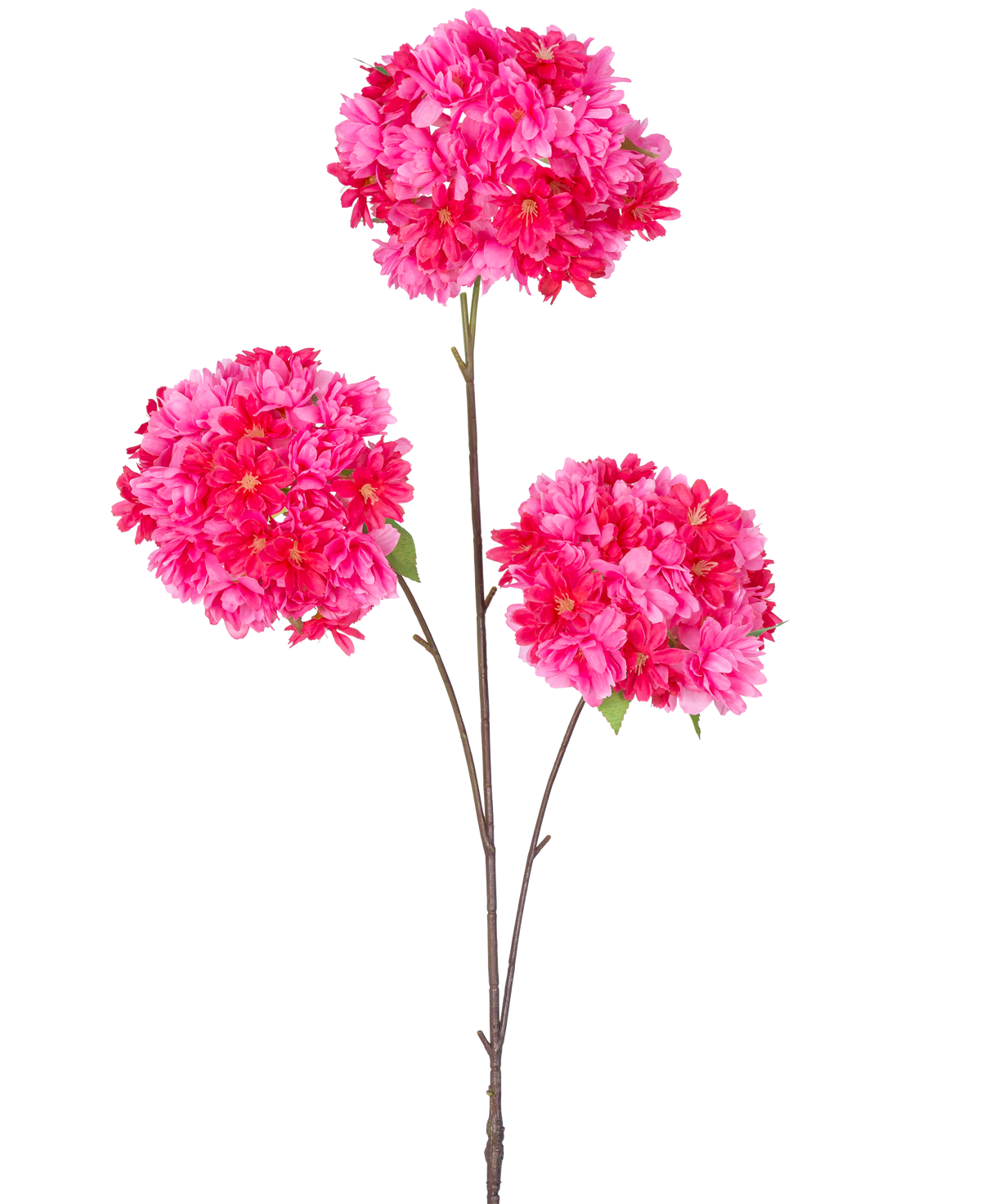 Der künstliche Kirschblütenzweig 85 cm rosa hat einen einzelnen Stiel mit drei Büscheln leuchtend rosa künstlicher Kirschblüten und grünen Blättern auf schlanken braunen Zweigen, isoliert auf weißem Hintergrund.