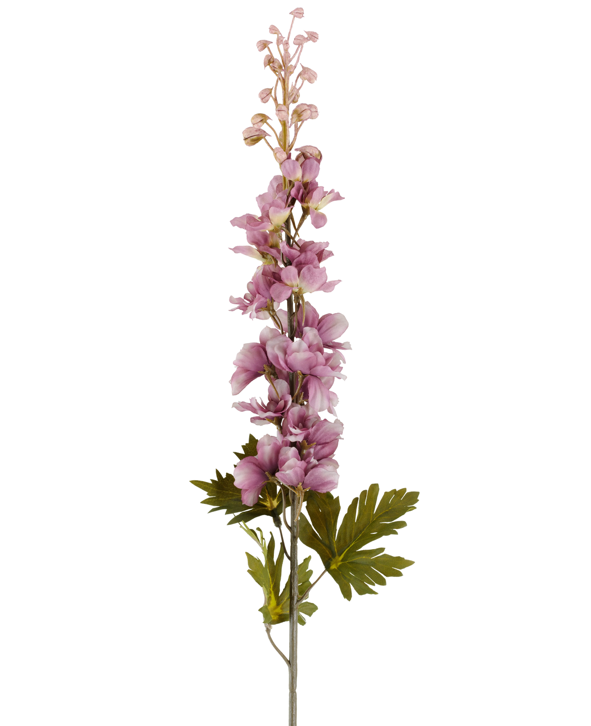 Ein einzelner Stiel der künstlichen Blume Delphinium 79 cm malvenfarben mit mehreren nach oben blühenden malvenfarbenen rosa und violetten Blüten, akzentuiert durch grüne Blätter, abgebildet vor einem weißen Hintergrund.