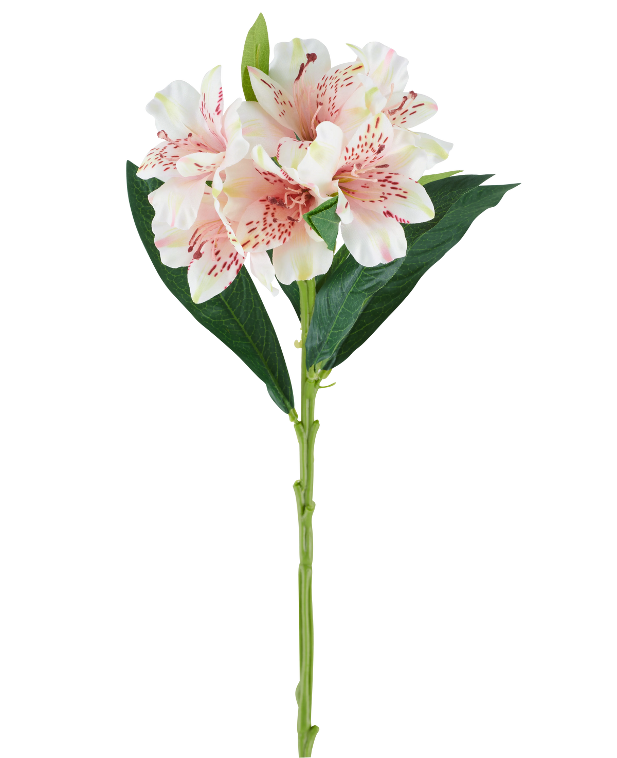 Ein einzelner Stiel der künstlichen Alstroemeria-Blume, 74 cm, hellrosa mit grünen Blättern und drei hellrosa Blüten mit dunkelrosa Sprenkeln, vor einem weißen Hintergrund.