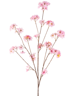 Die künstliche Kirschblüte 130 cm rosa hat einen einzelnen braunen Stiel, der sich in Büschel zartrosa Kirschblüten verzweigt, die sich wunderschön vor einem schlichten weißen Hintergrund abheben.