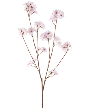 Die Kunstblume Kirschblüte 114 cm hellrosa hat einen einzelnen braunen Zweig mit mehreren dünnen Stielen, die jeweils mit Büscheln zarter, hellrosa Kirschblüten vor einem schlichten weißen Hintergrund verziert sind.