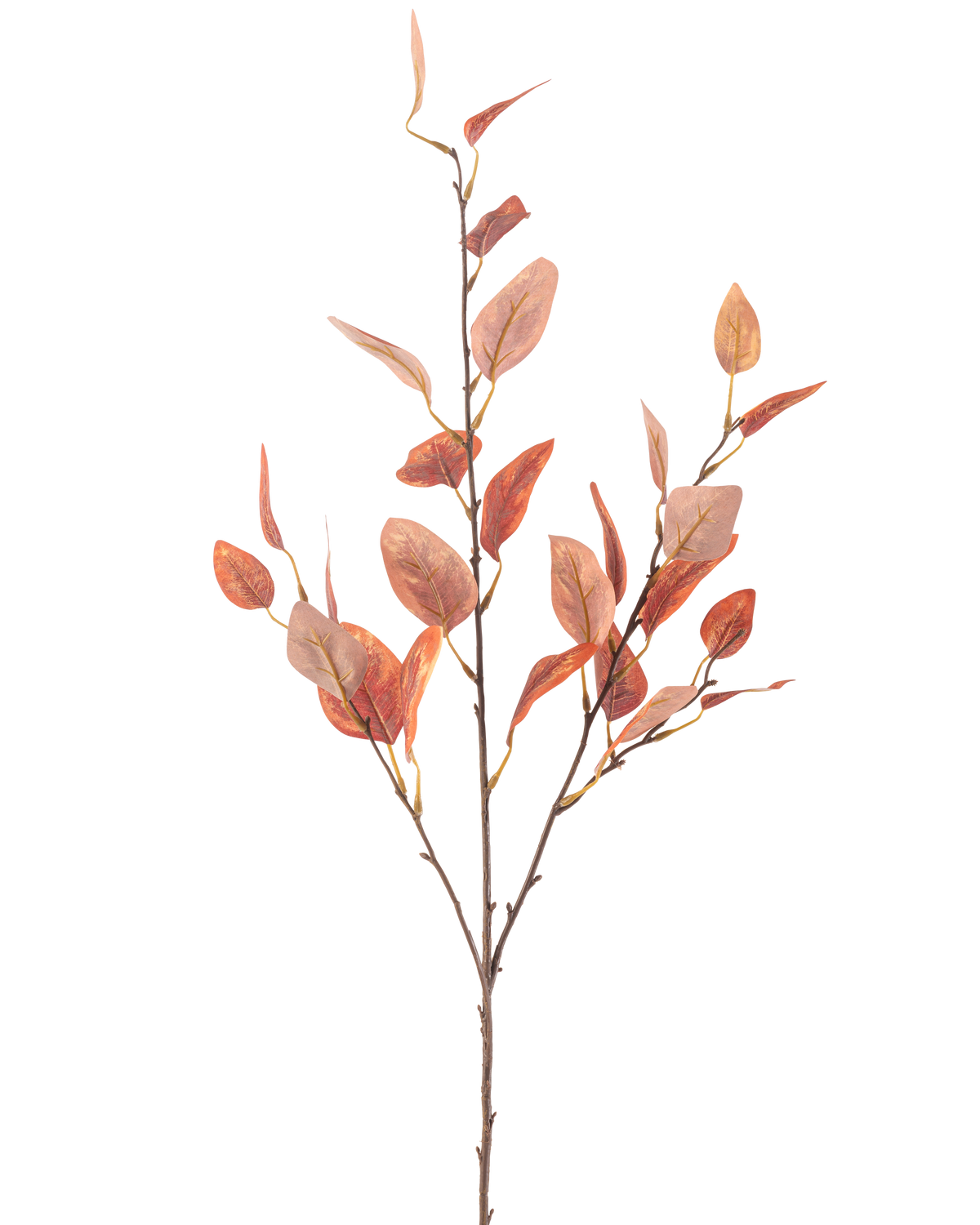 Eine einzelne künstliche Eukalyptusblume 104 cm mit mehreren dünnen Stielen und ovalen roten Herbstblättern vor einem schlichten weißen Hintergrund.