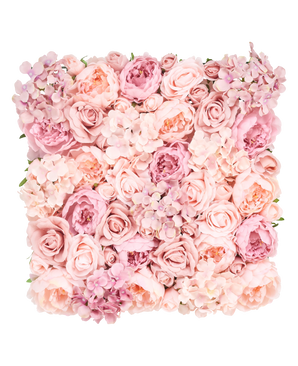 Die künstlichen Heckenblumen im Format 50 x 50 cm bieten ein quadratisches Arrangement aus rosa und rosafarbenen Rosen, Pfingstrosen und Hortensien, die dicht beieinander liegen und für einen weichen, eleganten Look vor einem weißen Hintergrund sorgen.