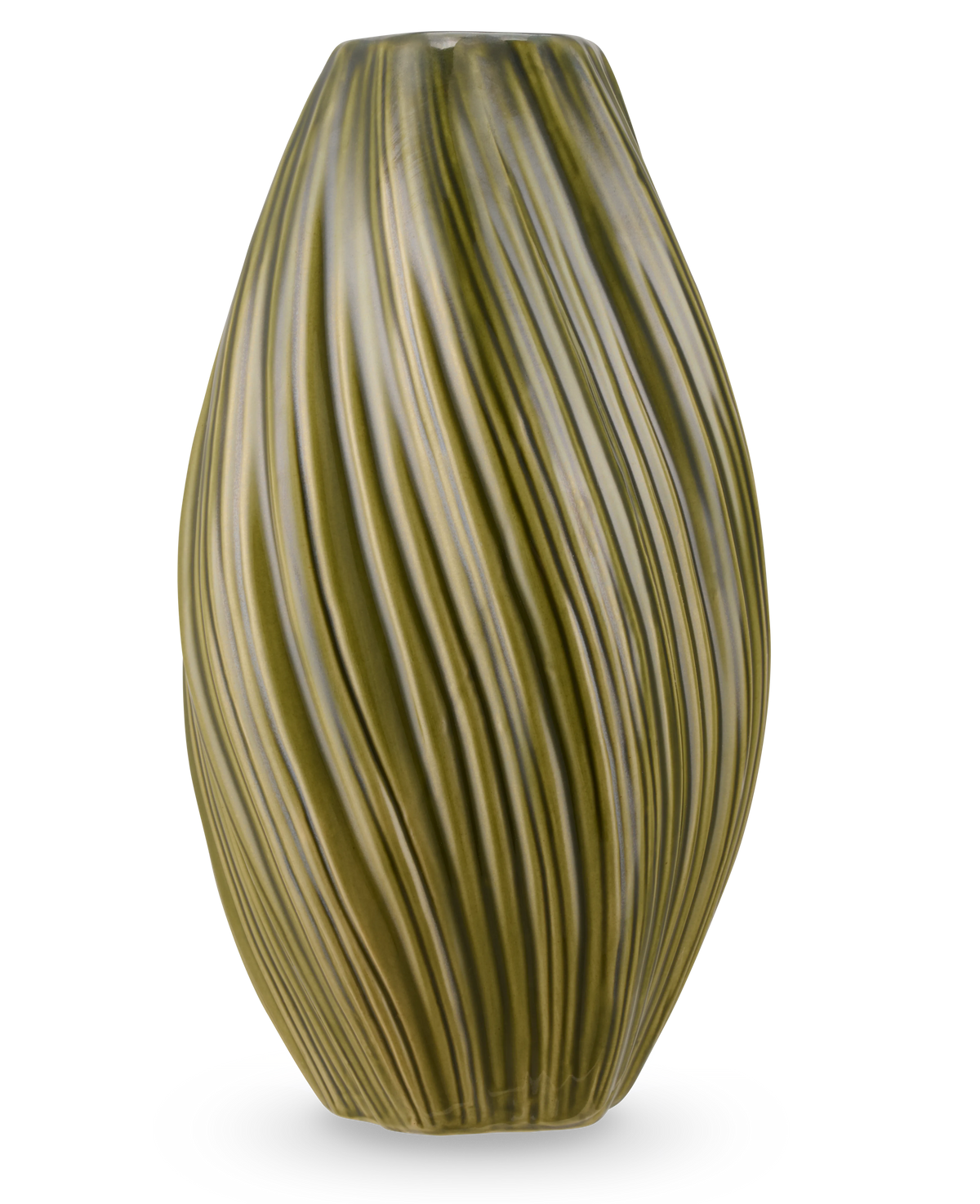Die Vase Soft Dune 26 cm grün ist eine hohe, olivgrüne Keramikvase mit länglicher Form und vertikalen Wellenrippen, die eine natürliche Textur erzeugen. Dargestellt auf weißem Hintergrund.