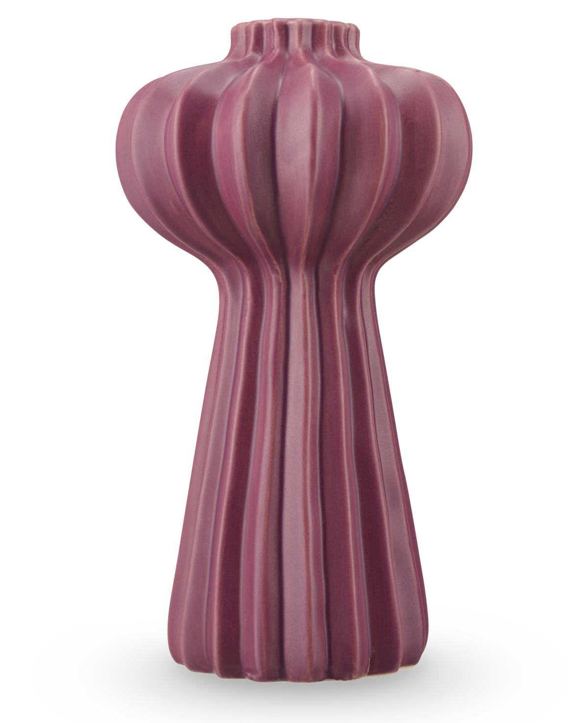 Die Vase Morning Dawdrop 25 cm lila ist eine hohe, skulpturale Vase mit einer matten, tiefvioletten Oberfläche, vertikalen Rillen und einer bauchigen Oberseite, die sich zu einer schlanken Basis hin verjüngt, vor einem schlichten weißen Hintergrund.