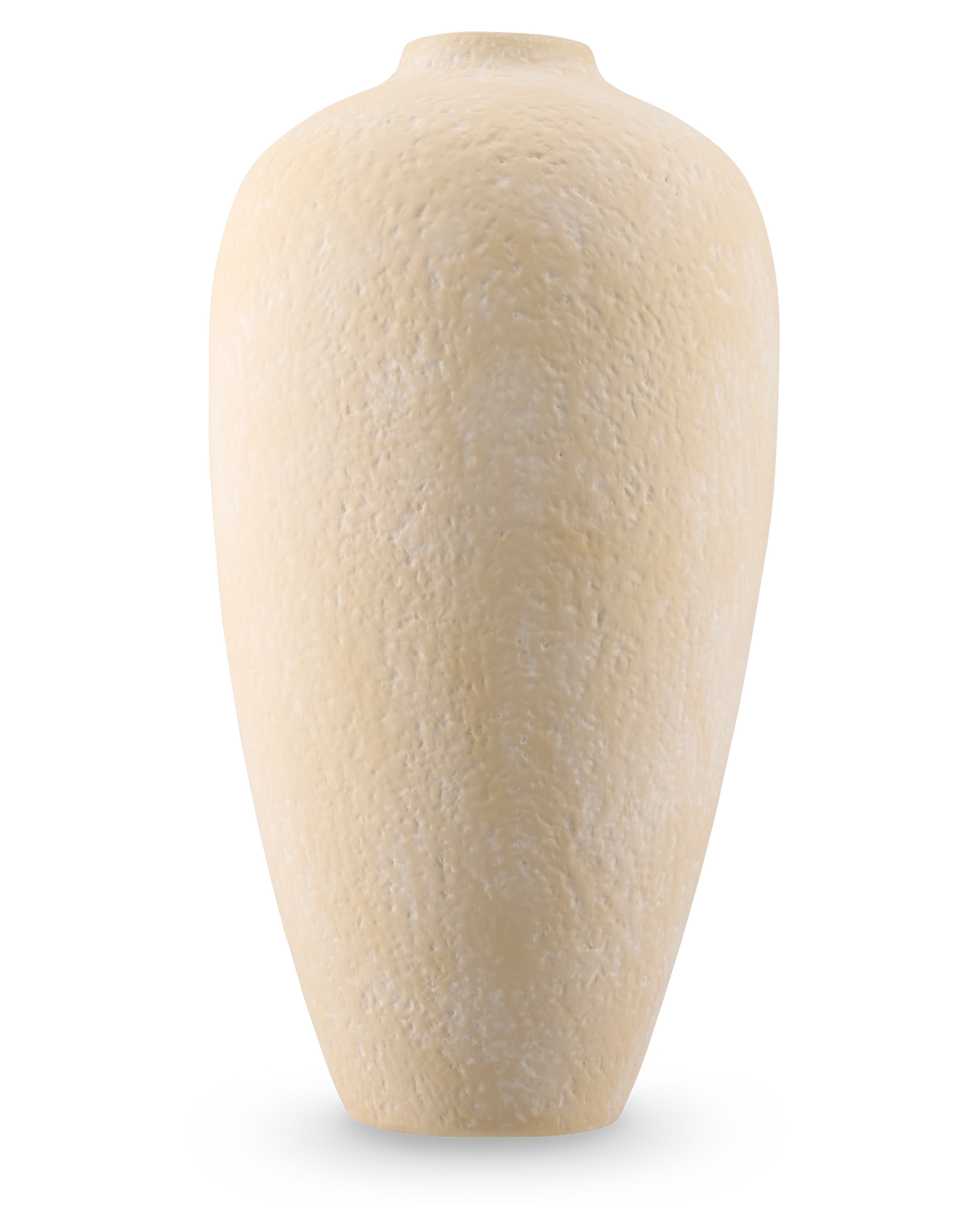 Die Calm Bloom Vase 42 cm beige ist eine hohe, ovale Keramikvase mit strukturierter Oberfläche und schmaler Öffnung, vor einem schlichten weißen Hintergrund.