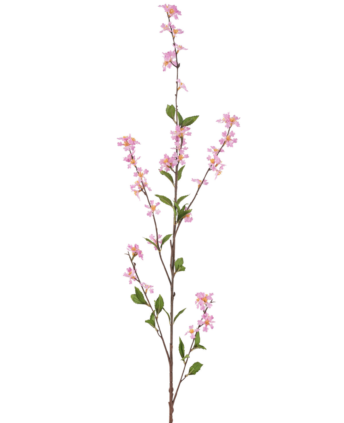 Die künstlichen Blumen 119 cm rosa haben einen hohen einzelnen Zweig mit kleinen rosa Blüten und grünen Blättern an dünnen braunen Stielen vor einem schlichten weißen Hintergrund.