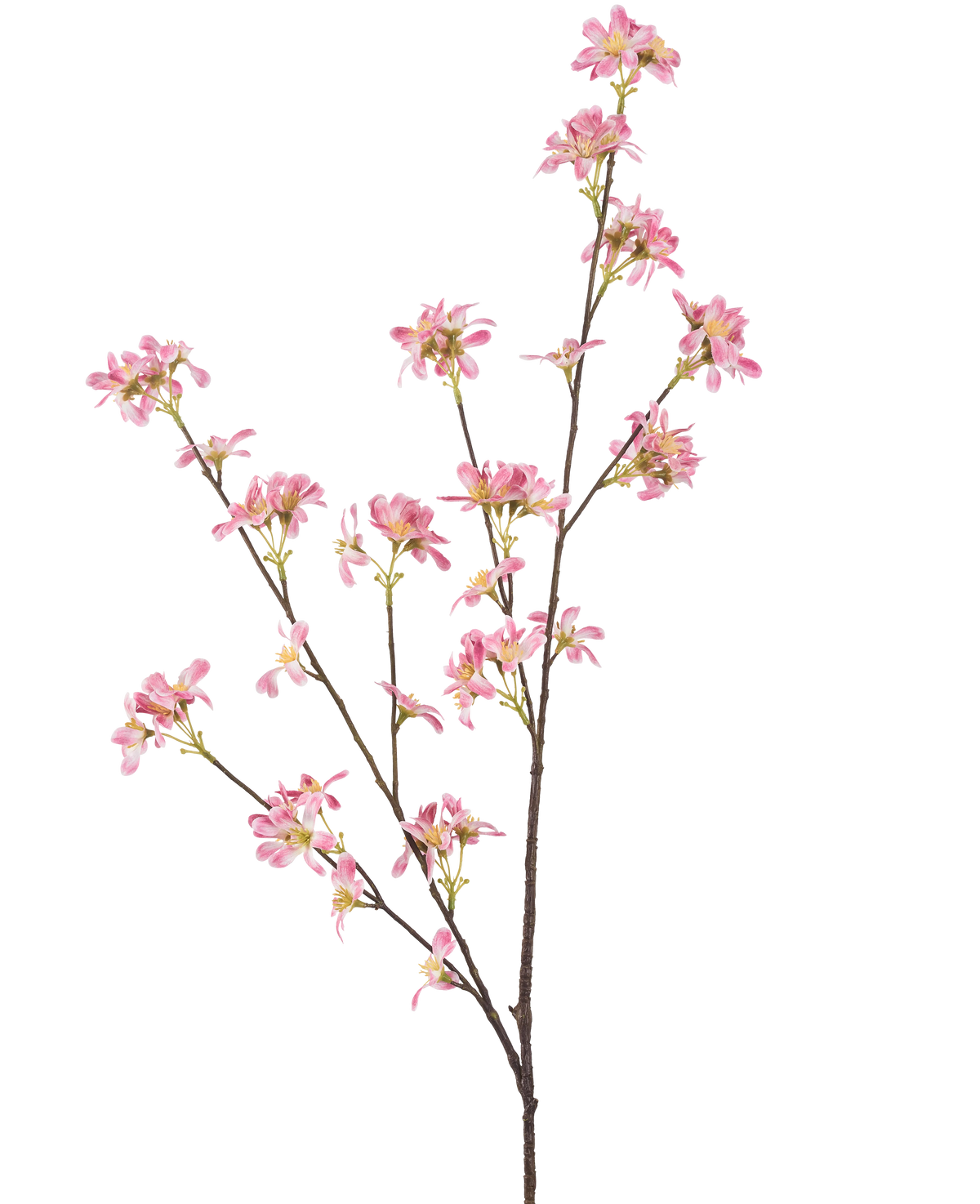 Die künstlichen Blumen 112 cm rosa haben einen einzelnen braunen Zweig mit mehreren Zweigen, verziert mit Büscheln kleiner rosa Blüten mit einem gelben Herzen, vor einem schlichten weißen Hintergrund.