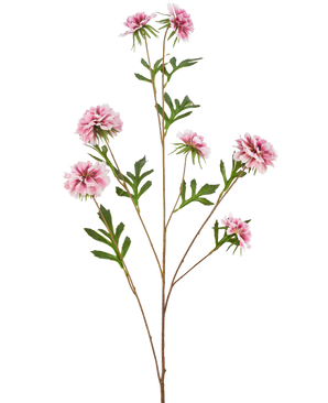 Die Kunstblume Kornblume 112 cm rosa hat einen langen Stiel mit grünen Blättern und mehreren rosa, flauschigen, dahlieähnlichen Blüten auf weißem Hintergrund.
