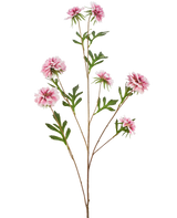 Die Kunstblume Kornblume 112 cm rosa hat einen langen Stiel mit grünen Blättern und mehreren rosa, flauschigen, dahlieähnlichen Blüten auf weißem Hintergrund.