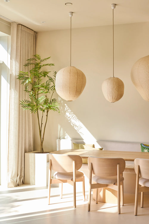 Ein heller, minimalistischer Essbereich ist mit hellen Holzstühlen, einem Tisch, drei Hängelampen aus Papier, der 210 cm großen künstlichen Mahonia-Pflanze in einem Topf und raumhohen Vorhängen in der Nähe eines großen Fensters, das Sonnenlicht hereinlässt, ausgestattet.