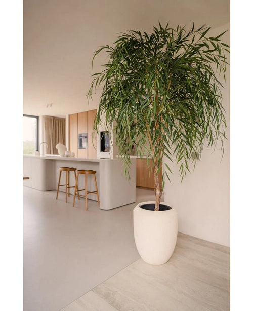 Ein künstlicher Weidenbaum 210 cm mit langen, schlanken Blättern bringt Grün in eine moderne Küche mit hellen Holzschränken, einer weißen Insel und Barhockern aus Holz. Sonnenlicht, das durch das Fenster fällt, unterstreicht seine Präsenz im minimalistischen Raum.