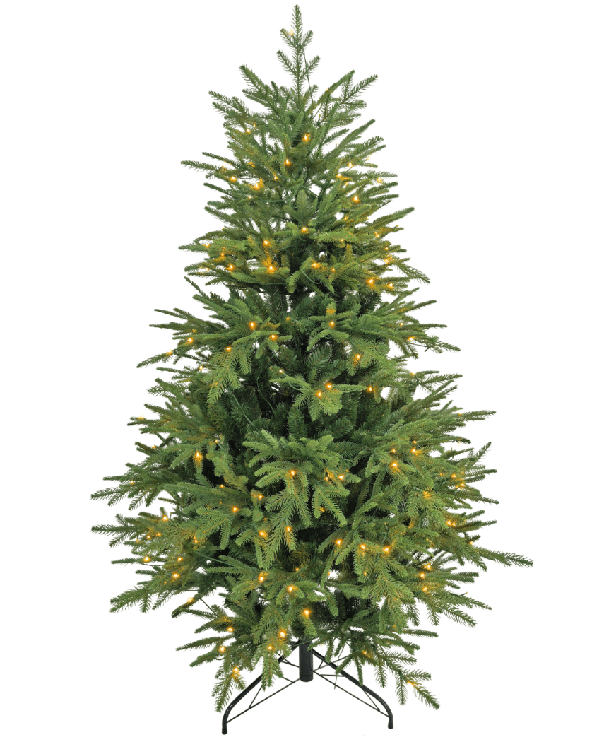Der künstliche Weihnachtsbaum „Åsmund“ PE/PVC – Smart LED ist ein grüner Kunstbaum mit schwarzem Metallständer, ausgestattet mit kleinen, gleichmäßig verteilten warmweißen Lichtern und ohne Schmuck oder Baumspitze.