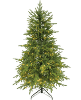 Der künstliche Weihnachtsbaum „Sigrid“ (100 % PE) mit smarten LED-Lichtern in Warmweiß steht auf einem Metallständer vor einem schlichten weißen Hintergrund.