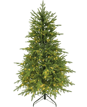 Der künstliche Weihnachtsbaum „Sigrid“ (100 % PE) mit smarten LED-Lichtern in Warmweiß steht auf einem Metallständer vor einem schlichten weißen Hintergrund.