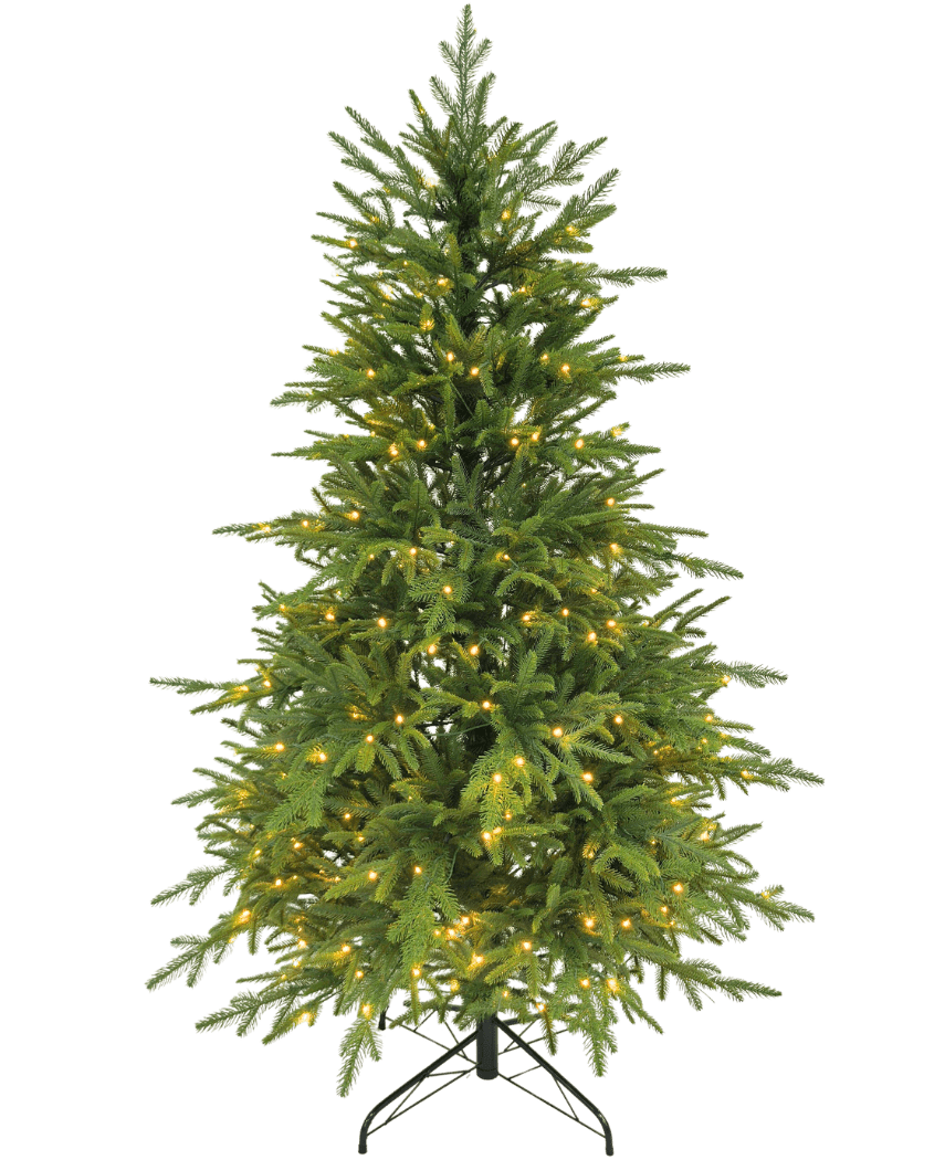Der künstliche Weihnachtsbaum „Sigrid“ (100 % PE) mit smarten LED-Lichtern in Warmweiß steht auf einem Metallständer vor einem schlichten weißen Hintergrund.