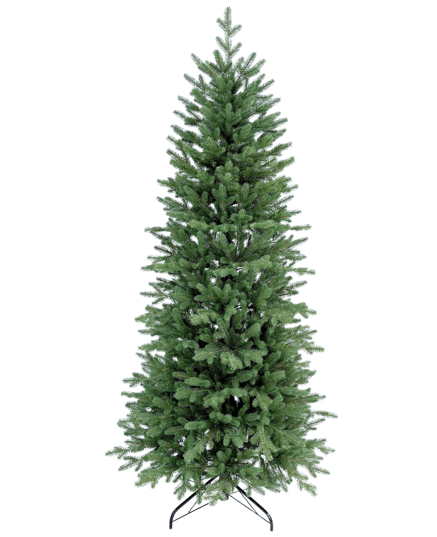 De Kunstkerstboom Slim "Undset" 100% PE is een hoge kunstkerstboom met dichte groene PE takken, voelt echt aan en staat op een zwarte metalen voet. Hij is onversierd en wordt getoond tegen een effen witte achtergrond.